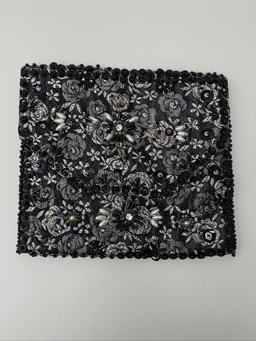 Vintage Black Silver Floral Beaded Sequin Clutch Snap Closure Lined Interior